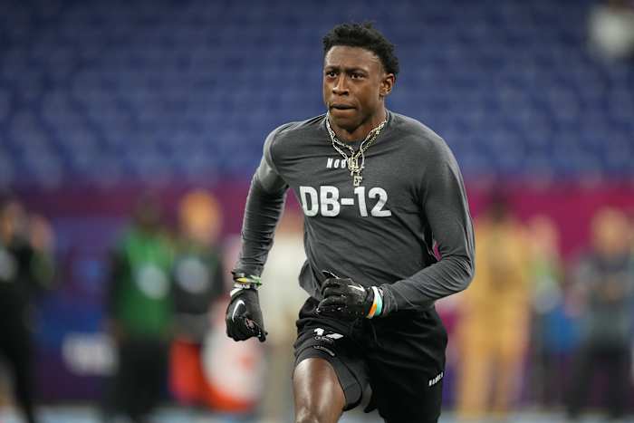 Mar 3, 2023; Indianapolis, IN, USA; Mississippi State defensive back Emmanuel Forbes (DB12) participates in drills at Lucas Oil Stadium. Mandatory Credit: Kirby Lee-USA TODAY Sports